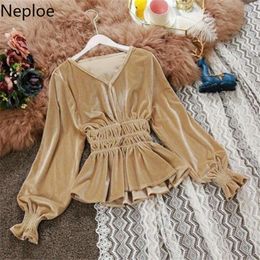 Neploe Chic V Neck Ruffles Velet Short Blouse Women Slim Waist Pleat Long Sleeve Solid Blusas Autumn Bright Silk Shirt Top LJ200811