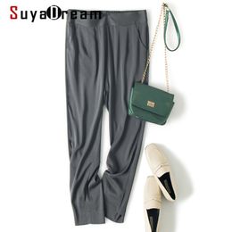 SUYADREAM Solid Straight Pants Women Real Silk Satin Office Ankle-Length High Waist Pants 2020 Summer Plus Size Elegant Trousers LJ201030