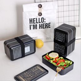 BPA Free Plastic Lunch Box Double Layer Food Container Multifunction Adults Lady Kid Lunchbox Microwaveable Black Box 2000ml T200710
