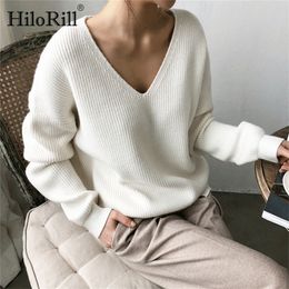 HiloRill Women Pullover Sweater Casual Solid V Neck Long Sleeve Knitted Sweaters Autumn Winter Loose Cashmere Tunic Tops 201222