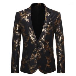 Men's Suits & Blazers Men One Button Gold Foil Stamping Golden Floral Printed Suit Club Stage Wedding Sport Slim Formal Fit Casual Blazer1