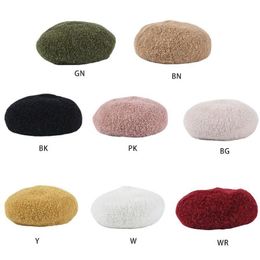 Japanese Women Artist Imitation Wool Beret Cap Thicken Plush Winter Warm Solid Colour Adjustable Vintage Painter Hat Streetwear