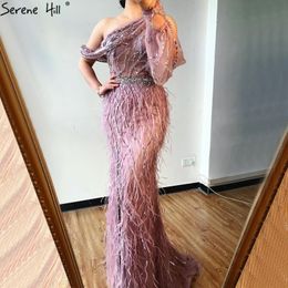 Feathers Beading Luxury Sparkle Mermaid Formal Dress Party 2020 One Shouder Wine Red Long Dresses Evening Serene Hill LJ201120