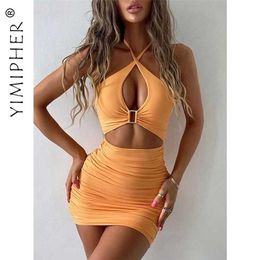 Ruched Cross Halter Bodycon Sexy Dress for Women Summer Solid Backless Cut Out Short Mini Dresse's Party Club Outfit 220119