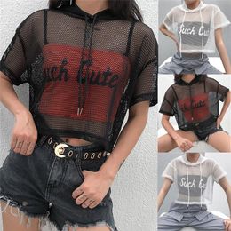 Womens Hollow Out Mesh Fishnet Hooded T-Shirt Bikini Cover Ups Short Sleeve Tee Tops Transparent Black Sexy Beach Clubwear Party