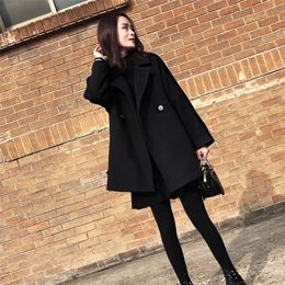 New Autumn Winter Women Coat Plus Size Fashion Turn-Down Collar Solid Loose Woollen Blends Coat For Women Larger BLACK Outerwear 201103