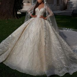 glitter ivory wedding dresses ball gown sheer long sleeves appliques vneck bridal style custom made special occassion long gowns