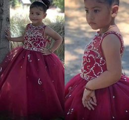 Burgundy Mini Quinceanera Dresses Teens Pageant Dress Little Girls Crystal Beading Sheer Cap Sleeve Jewel Prom Evening Gowns Toddlers Tulle