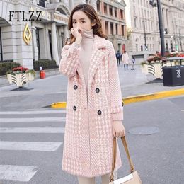 Fashion plaid wool coat women autumn winter korean style medium long coats ladies turndown collar warm pink outerwear 201216