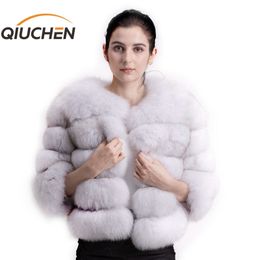 QIUCHEN PJ1801 new arrival women winter real fox fur coat thick fur women winter jacket Free shipping 201212