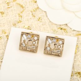 Luxury quality square shape CHARM stud earring with crystal beads hollow design in 18k gold plated have box stamp PS4247