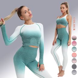 New Ombre Yoga Outfits Sports Bra Seamless Leggings Yoga Pants Women Gym Suits Fitenss Clothes Workout Clothing Sportswear Long Sleeve Crop Top Athletic wear