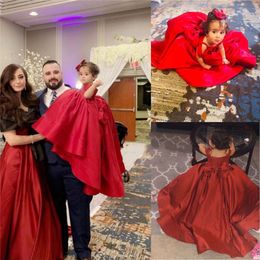 Red Satin Ball Gown Evening Party Dresses Teensager 2021 Off The Shoulder Big Bow Princess Girls Pageant Dress Flower Girl First Communion