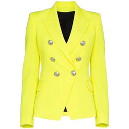 HIGH QUALITY Newest Fashion Designer Blazer Women's Lion Buttons Double Breasted Fluorescence Yellow Blazer Jacket 201023