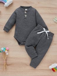 Baby Half Button Waffle Knit Bodysuit & Tie Front Sweatpants SHE