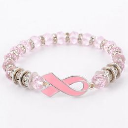 perles roses du cancer du sein Promotion Perlé, brins de cancer du sein de cancer du sein perles bracelets rose ruban bracelet verre dôme cabochon boutons charmes bijoux cadeaux pour filles wome