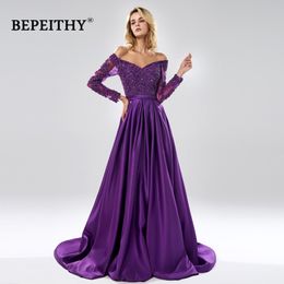 BEPEITHY Robe De Soiree Off The Shoulder A line Long Evening Dress Party Elegant 2020 Full Sleeves Purple Lace Bodice Prom Gown LJ201118