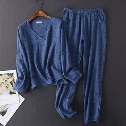 Women's Cotton Water-washed Pyjamas for women Pyjamas Sleepwear Pijamas Texture Crepe Gauze Long-sleeved Trousers Pyjamas V-Neck Y200708