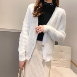 Cardigan Women Coat Jacket Pink White Apricot Winter Korean Sweater Women Loose Imitation Mink Velvet V-neck Knit Button 201030