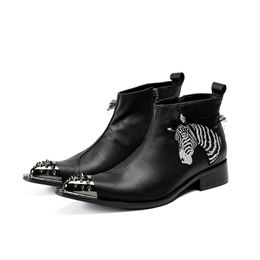 Luxury Botas Hombre Pointed Safety Boots Men Genuine Leather Ankle Boots Black Appliques Party Business botas hombre