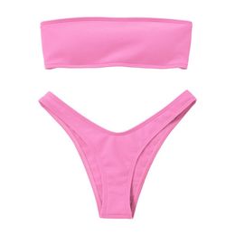 Women Adjustable Back Lace-up Bandeau Bikini Off Shoulder Bikini Set Ribbed Swimsuit Female Swimwear Sexy Pink Bathing Suit LJ200825