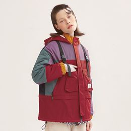 Fashion Design Women Spring Jackets Hooded Color Block Loose Ladies Hit Color Patched Pocket Thick Winter Basic Coats Outwear 201023