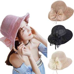 Summer Ladies Straw Hollow Sun Hat Women Travel Sunscreen Foldable Bowknot Panama Straw Hat Bucket Hat G220301