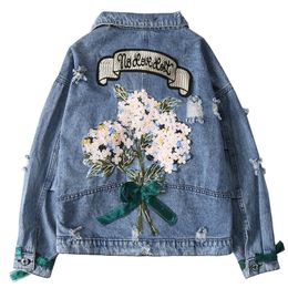 ZQLZ Autumn Women Denim Jacket Bomber Appliques Vintage Elegant Outwear Autumn Hole Female Jacket Coat Casual Jeans Tops 201112