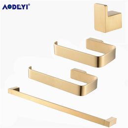 Luxury Bathroom Hardware Set Brushed Gold Brass Robe Hook Paper Holder Towel Rail Shelf Wall Mount Bathroom Accessories LJ201211