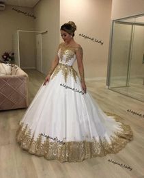 Luxury Gold Lace Applique Wedding Princess Dresses With Long Sleeve 2021 Sparkling Chapel Train Vestidos novia Siren Bridal Gown