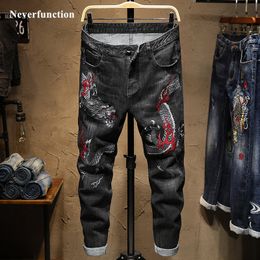 Men streetwear Slim fit Dragon embroidery Stretch Jogger Jeans fashion Man Hip hop cotton Casual Straight denim trousers 201117