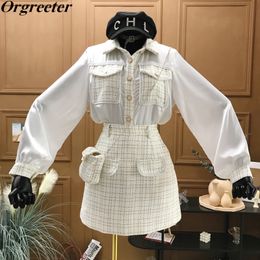 Fall New Two piece set Women Tweed Patchwork Lantern sleeve Chiffon Shirt and Woollen A-line Skirt Suits With free bag 201130