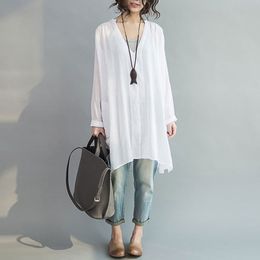 Tops Blusas Women Spring Solid V Neck Long Sleeve Shirt Loose Buttons Down Blouse Casual Linen Cotton Loose Cardigan T200319