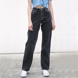 Women High-rise Faded Black Denim Jeans With White Stitching Straight Leg Denim Pants LJ200811