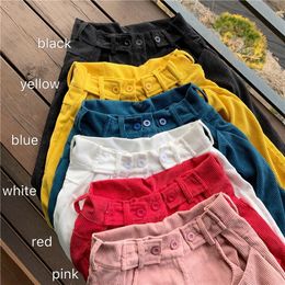 HOUZHOU Summer Corduroy Pants Women New Knee Length Wide Leg Pants Korean Style Casual Loose Vintage High Waist Trousers 201111