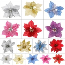 12pcs/lot Artificial Christmas Flowers Plastic&Cloth Glitter Hollow Flower For Christmas Tree Decoration DIY Xmas New Year Decor Y201020