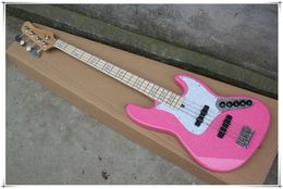 4 Strings Pink Body Electric Bass Guitar with Maple Fingerboard,White Pearl Block Inlay,Can be customized