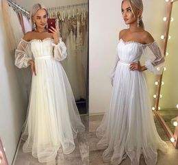 Off Shoulder Wedding Dress 2021 Lantern Long Sleeve Point Net Tulle White Cheap Bridal Gowns A-Line Floor Length Elegant vestidos de novia