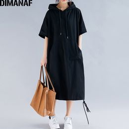 DIMANAF Plus Size Women Dress Summer Cotton Hooded Lady Vestidos Female Clothing Casual Loose Big Size Long Dress Solid 5XL 6XL LJ200818