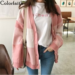 Colorfaith 2020 Women's Knitwear Autumn Winter Korean Style Casual Plaid V-Neck Knitted ButtonCardiagans Pink Sweaters SW5051 LJ200815