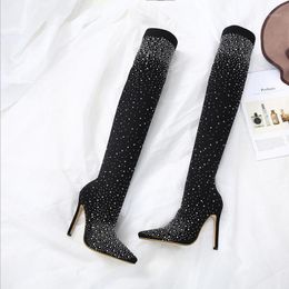 JX12 2020 The New Fashion Runway Crystal Stretch Fabric Sock Boots Pointy Toe Over-the-Knee Heel Thigh High Woman Boot1