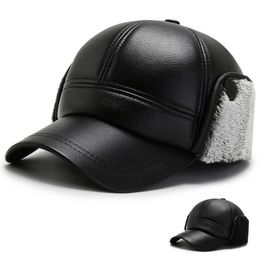 Black Pu Leather Winter Hats Snapback Earflaps Baseball Cap Men Ear Protection Ski Hat Outdoor Plus Velvet Thickening Warm L15 J1225