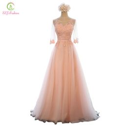 Evening Dress SSYFashion Banquet Sweet Pink Scoop Neck Half Sleeve Transparent Lace Embroidery A-line Long Prom Formal Dress LJ201123