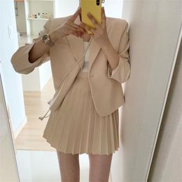 Women Two Piece Suits Korean Chic Spring Sweet Long Sleeve Cropped Blazer+Mini Pleated Skirt Sets Woman 220302