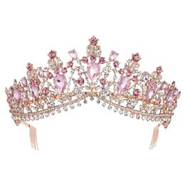Baroque Rose Gold Pink Crystal Bridal Tiara Crown With Comb Pageant Prom Veil Headband Wedding Hair Accessories 220226