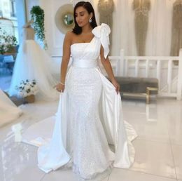 2022 Shiny One Shoulder White Mermaid Prom Dresses With Bow Satin And Sequined Bridal Gowns Ribbons Bridal vestidos de novia BC11502