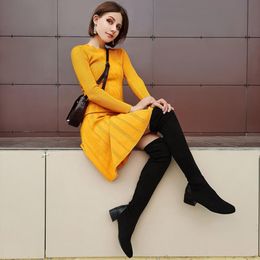 Heißes Angebot QUTAA 2021 Frauen Über Das Knie Stiefel Herbst Winter Karree Frauen Schuhe Stretch Flock PU Platz Ferse Lange Stiefel größe 34-43