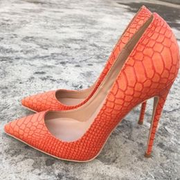 Fashion Sexy Lady Women Orange Snake python point toe shoes High Heels thin heeled shoes pumps genuine leather 120mm Big size