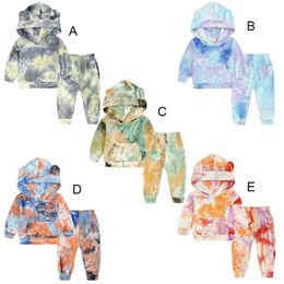 Ins Baby Clothing Autumnand Winter Tie Dye Gold Velvet Long-Sleeved Ears Hooded Sweater + Pants 2Pcs/Sets Infants Clothes M3144