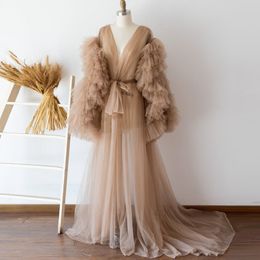 Sexy Tulle Maternity Gowns Long Sleeves Ruffles See Though Bridal Sleepwear Bathrobes Nightgowns Robes Women Dress Kimono